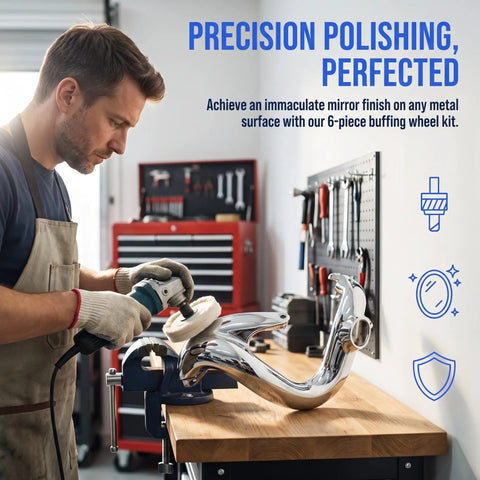 Man using 6 Pack Soft White Polishing Pads For Drill With 1/4 Inch Shank to buff shiny metal surface in workshop.