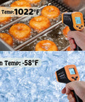 Non Contact Infrared Thermometer Gun For Cooking, Digital Surface Temp Tool For Grills And Blackstone Pizza Ovens, Minus 58F To 1022F, Backlit LCD, Auto Shutoff, Carrying Case Included, Not For Human Use measuring hot and cold surfaces.