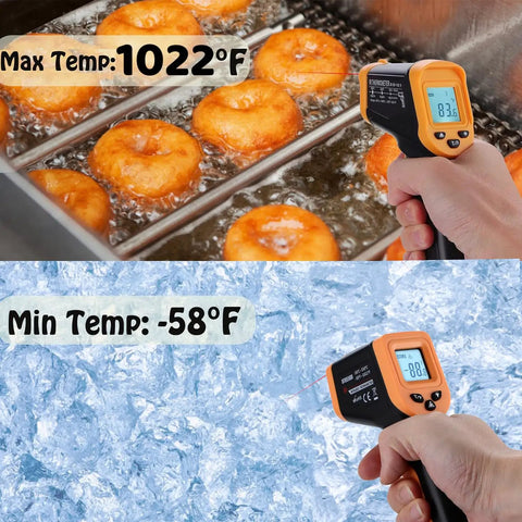 Non Contact Infrared Thermometer Gun For Cooking, Digital Surface Temp Tool For Grills And Blackstone Pizza Ovens, Minus 58F To 1022F, Backlit LCD, Auto Shutoff, Carrying Case Included, Not For Human Use measuring hot and cold surfaces.