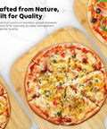 12-Inch Natural Bamboo Pizza Peel Paddle With Easy Lift Tapered Edge For No Stuck Dough Release Eco Friendly Durable Kitchen Tool For Homemade Pizza Bread Cookies And More holding cooked pizza