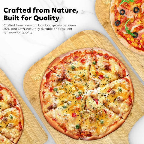 12-Inch Natural Bamboo Pizza Peel Paddle With Easy Lift Tapered Edge For No Stuck Dough Release Eco Friendly Durable Kitchen Tool For Homemade Pizza Bread Cookies And More holding cooked pizza