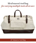 Mason's 20 Inch Tool Bag Canvas Carrier With Full Grain Leather Bottom White And Dark Tan Heavy Duty Stitching, front view
