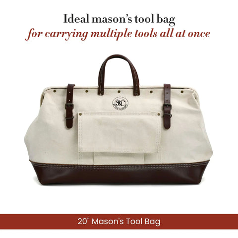 Mason's 20 Inch Tool Bag Canvas Carrier With Full Grain Leather Bottom White And Dark Tan Heavy Duty Stitching, front view