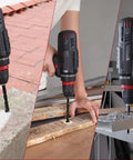 ZKH 10‑pc cemented carbide masonry drill bit set; cordless drill used on brick, wood, and metal.