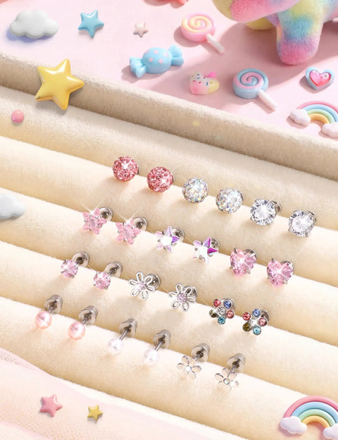 12 Pairs Hypoallergenic Screw Back Earrings Set For Women And Girls Surgical Steel With Cute Heart CZ Flower Pearl Ball Tiny Studs Totally Everyday Jewelry Collection, pink studs