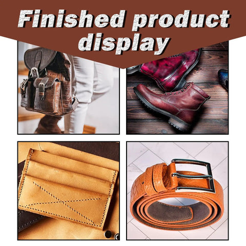 Collage of leather bag, boots, wallet, and belt in a finished product display
