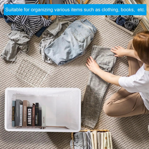 Built Tough Plastic Storage Bins With Lids 3 Pack Of Rock Solid Stackable Collapsible Containers organizing clothing and books.