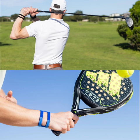 Man playing golf and paddle tennis wearing Adjustable Wrist Brace For TFCC Tears, One Size Fits Most, Left Or Right Wrist Support