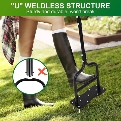 Manual Lawn Aerator With Eleven Iron Spikes for Easy Soil Breakup and Coreless Aeration in use on grass, showing U-frame structure.