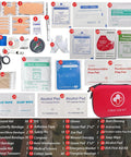 Portable 150 Piece Waterproof Hard Shell First Aid Kit For Home, Camping, Hiking, Sports, Office, And Adventure, Red Medical Emergency Kit With Durable IFAK Gear That Keeps You Covered Anywhere displayed with contents.