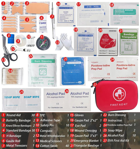 Portable 150 Piece Waterproof Hard Shell First Aid Kit For Home, Camping, Hiking, Sports, Office, And Adventure, Red Medical Emergency Kit With Durable IFAK Gear That Keeps You Covered Anywhere displayed with contents.