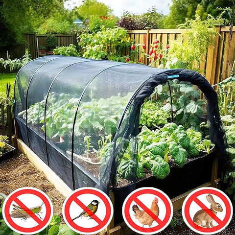Garden bed covered with Ultrafine 10x13Ft Patio Bug Netting, Heavy Duty UV Resistant Mesh Made From Nanocomposite PP in a backyard garden.