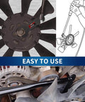 Pneumatic Fan Clutch Wrench Kit, 8 Piece Driving Wrenches Set With Sizes 32mm 36mm 40mm 47mm Seven Eighths Inch One And Seven Eighths Inch Two Inches 17 Inch Handle Compatible With Ford GM Chrysler Jeep Trucks 4.3L 5.0L 5.7L shown in use on engine fan