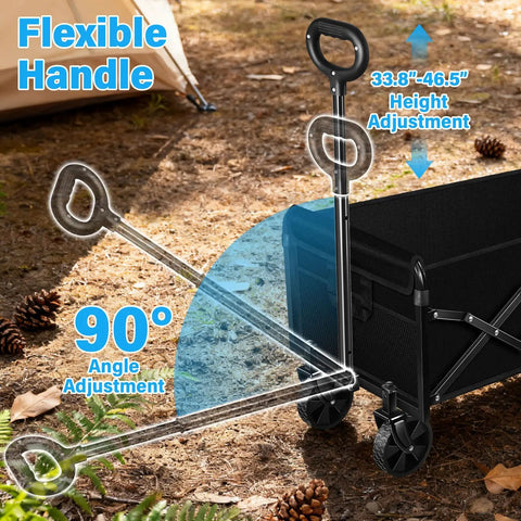 Foldable Collapsible Wagon Cart With Wheels That Holds Up To 360 Lbs Ready To Roll for Grocery Runs Camping Beach Trips Shopping Garden and Sports Heavy Duty 600D Oxford Fabric With PVC Coating showing adjustable handle on outdoor terrain