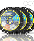 Total Game Changer 4.5 Inch Diamond Saw Blades For Angle Grinders Heavy Duty Cut Off Wheels That Go Through Tile Concrete Metal And Masonry Like Butter 3 Pack 7/8 Inch Arbor displaying three diamond blades on a reflective surface.