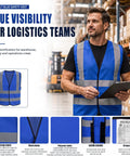 Heavy Duty High Visibility Safety Vest In Vivid Blue Featuring Continuous Reflective Banding Cut From Ultra Breathable Mesh For Hard Hats Trail Blazers And Night Runners, worn by a man in a warehouse.