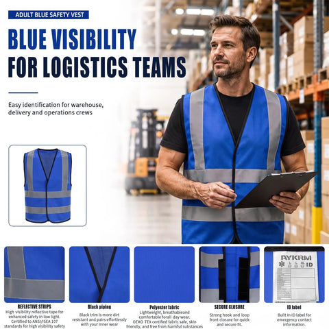 Heavy Duty High Visibility Safety Vest In Vivid Blue Featuring Continuous Reflective Banding Cut From Ultra Breathable Mesh For Hard Hats Trail Blazers And Night Runners, worn by a man in a warehouse.