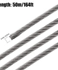 164 Ft One Quarter Inch Stainless Steel Wire Rope Cable 7x19 Aircraft Cable For Railing And Heavy Duty Zip Line 6400 Lb Breaking Strength Flexible Durable Rust Resistant, close-up view showing 164 ft length