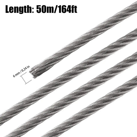 164 Ft One Quarter Inch Stainless Steel Wire Rope Cable 7x19 Aircraft Cable For Railing And Heavy Duty Zip Line 6400 Lb Breaking Strength Flexible Durable Rust Resistant, close-up view showing 164 ft length