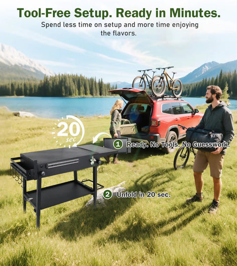Portable Griddle Stand For Blackstone 17 And 22 Inch Griddles With Wheels in outdoor setup near car and mountains