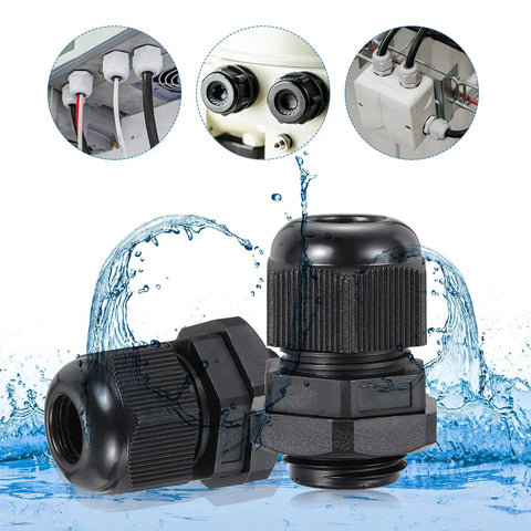 30 Pcs M25 Cable Gland Set For 12 To 15mm Wire Holes Waterproof Nylon Joint showing waterproof performance and installation examples