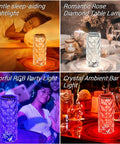 Collage of Rose Lamp With 16 Colors RGB Night Light in bedroom, dining, party, and bar settings, showcasing diamond-cut acrylic design.