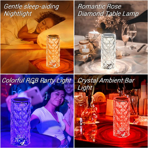 Collage of Rose Lamp With 16 Colors RGB Night Light in bedroom, dining, party, and bar settings, showcasing diamond-cut acrylic design.