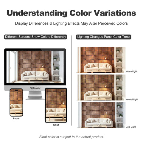 Teak Acoustic Wall Panels 16 Pack 12x12 Inch Sound Dampening Home Office Setup Ditch The Echo Crush Street Noise Nrc 0.95 color variations on different screens and lighting.