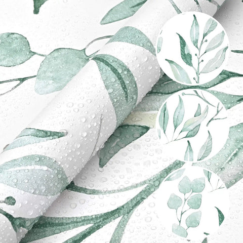Close-up of Green Leaf Floral Peel and Stick Wallpaper Self Adhesive Wall Covering 17.7 x 394 Inches with watercolor leaves.