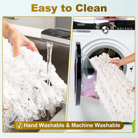 Hand washing and machine washing of Four Pack 36 Inch Universal Dust Mop Heads With Easy Zipper Closure Heavy Duty Replacement Pads.