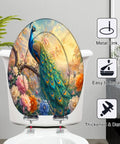 Elongated Peacock Perched Branch Blooming Flowers Vibrant Toilet Seat with colorful peacock design on sturdy resin material.