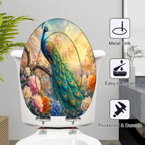 Elongated Peacock Perched Branch Blooming Flowers Vibrant Toilet Seat with colorful peacock design on sturdy resin material.