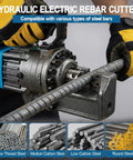 Heavy Duty Portable Electric Hydraulic Rebar Cutter With Cr12MoV Blade Cuts 5 32 Inch To 7 8 Inch Deformed Steel Bar in use on steel rebar.
