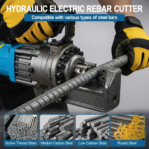 Heavy Duty Portable Electric Hydraulic Rebar Cutter With Cr12MoV Blade Cuts 5 32 Inch To 7 8 Inch Deformed Steel Bar in use on steel rebar.