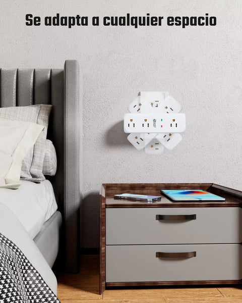 Beefed Up 9 Outlet Swivel Power Strip With 3 USB Ports And USB C 360 Degree Rotating Prongs Surge Protector in bedroom setup