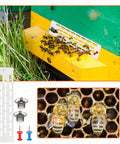 Beekeeping Starter Kit 11 Piece Queen Bee Marking Set showing entrance gate and bees on yellow beehive.