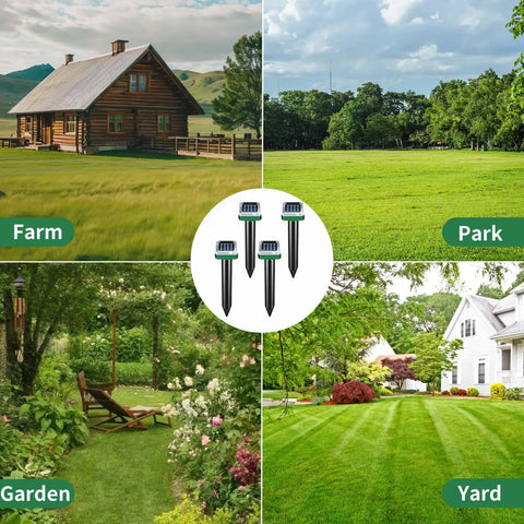 Collage showing Solar Powered Ground Vibrating Pest Repellent For Gardens Lawns Yards Farms And Orchards Keeps Rats Snakes Rabbits Hedgehogs Outta Your Lawn With Ultrasonic Burrow Deterrence Every 30 Seconds in various outdoor settings