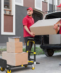 Upgraded 3-In-1 Folding Hand Truck Dolly For Home Office And Warehouse Converting From Two-Wheel Stair Climber To Four-Wheel Platform Cart Heavy Duty 600 Lb Capacity With Solid Wheels And Straps Orange used with stacked boxes