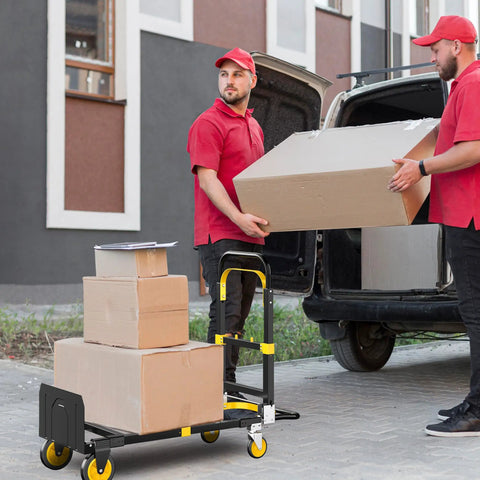 Upgraded 3-In-1 Folding Hand Truck Dolly For Home Office And Warehouse Converting From Two-Wheel Stair Climber To Four-Wheel Platform Cart Heavy Duty 600 Lb Capacity With Solid Wheels And Straps Orange used with stacked boxes