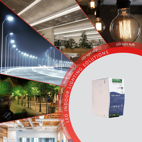 Bulletproof 240W Din Rail Power Supply 24V 10A in lighting solutions showcasing various LED applications.