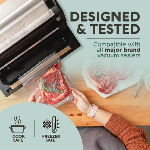 Person using Quart 8x12 Inch Vacuum Sealer Bags 100 Pack For Foodsaver And Seal A Meal Machines Built Tough BPA Free for sous vide