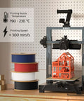 3D printer setup with temperature and speed settings beside stacked spools of PLA filament in various colors