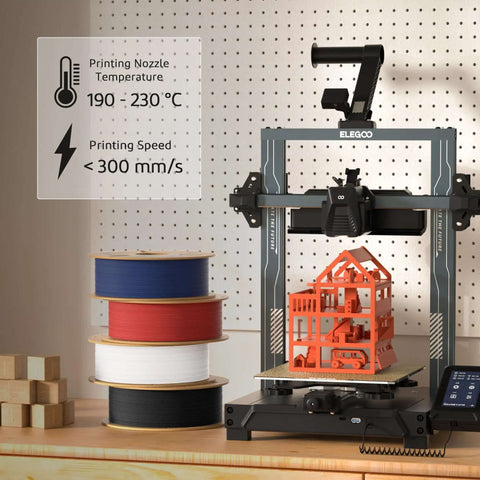3D printer setup with temperature and speed settings beside stacked spools of PLA filament in various colors