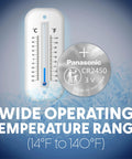 Panasonic CR2450 3V Lithium Coin Cell Batteries 2 Pack showing wide operating temperature range on a thermometer