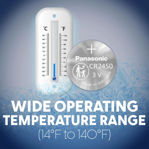Panasonic CR2450 3V Lithium Coin Cell Batteries 2 Pack showing wide operating temperature range on a thermometer