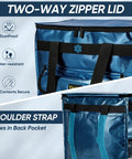 Rolling Grocery Tote With Wheels Reusable Shopping Bags On Wheels All In One Trolley showing blue body with zipper lid and strap.