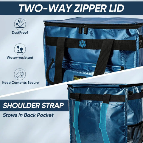 Rolling Grocery Tote With Wheels Reusable Shopping Bags On Wheels All In One Trolley showing blue body with zipper lid and strap.