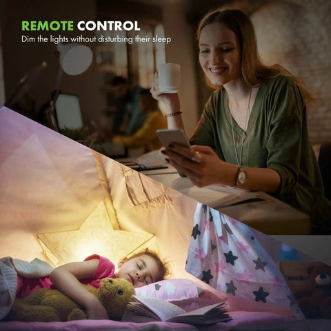 Woman using phone to control smart dimmer switch while child sleeps, Smart Dimmer Switch For Easy Home Lighting Control No Hub Required