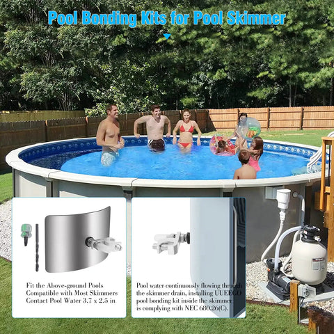 Above-ground pool with copper wire connection and skimmer bonding plate, showing easy installation of Must Have Above Ground Pool Water Bonding Kit