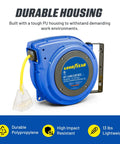 40 Ft Extension Cord Reel With 14 AWG 3 Conductor SJTOW Heavy Duty Power Cable Slow Retract Triple Tap Connector shown in durable housing